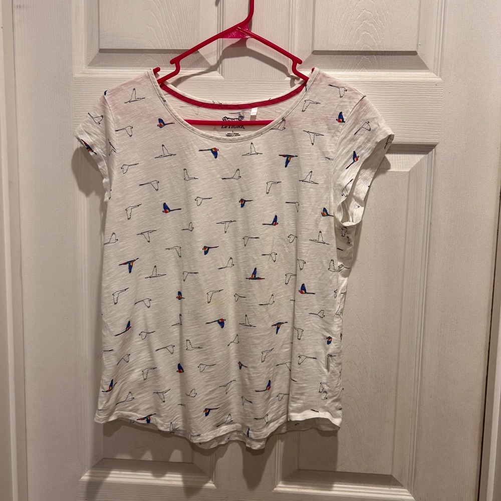 Le Tigre White Bird Print Cotton T Shirt Top Womens Size‎ Large Y2K Mod